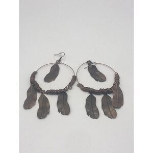 Boho Tribal copper feather hoop dangle French hook statement earrings.